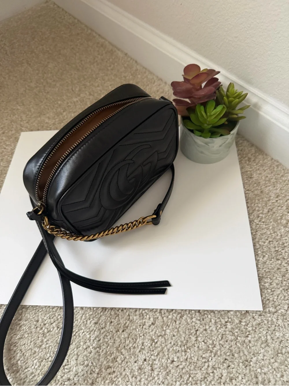 Authentic Gucci GG Marmont Small Camera Bag | Black Matelassé Leather | Excellen